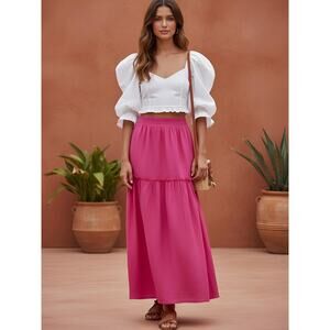 ELF Annabelle Linen Maxi Skirt Pockets Pink S EUC
